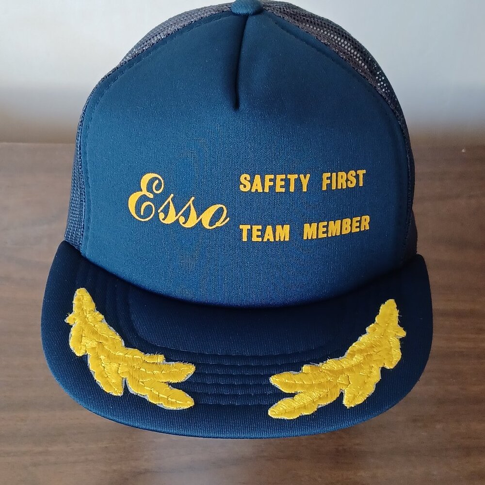 1980s Athletic Headwear Esso Safety First Team Member Blue Trucker Hat Snapback